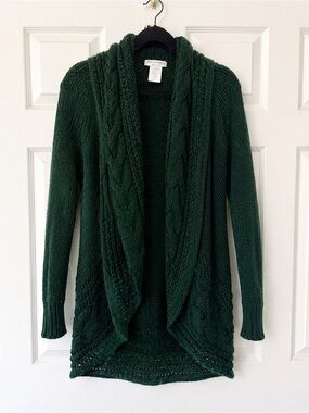 San Lorenzo Dark Green Cable-Knit Open Cardigan